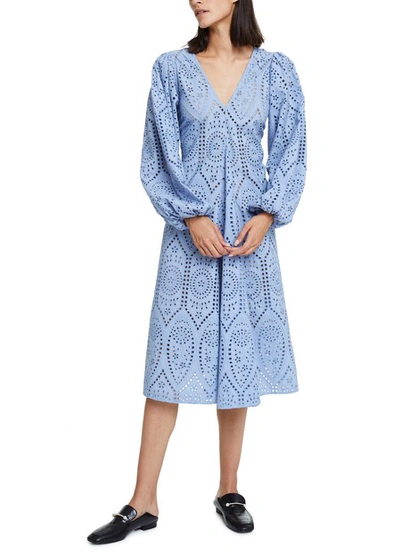 Shop Ganni Broderie Anglaise Dress In Forever Blue