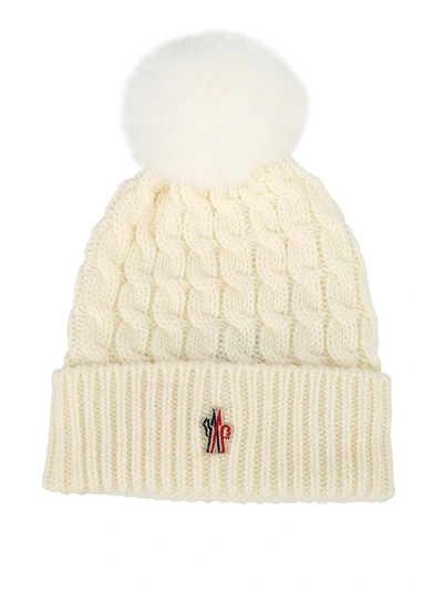 Shop Moncler Fur Pompom White Cable Knit Wool Beanie