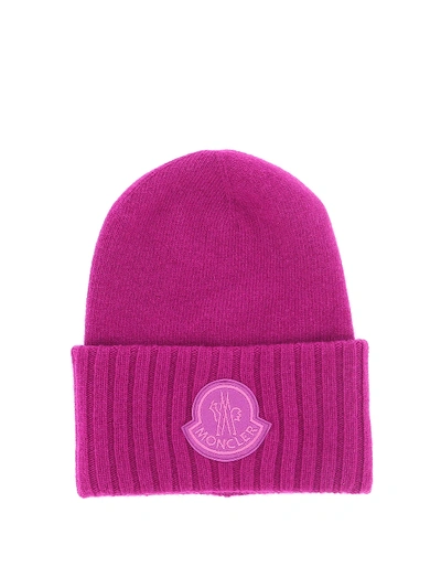 Shop Moncler Wool Logo Patch Beanie In Purple