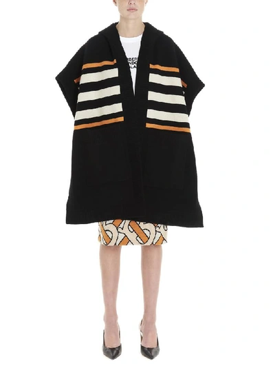 Shop Burberry Logo Monogram Striped Motif Intarsia Cape In Black