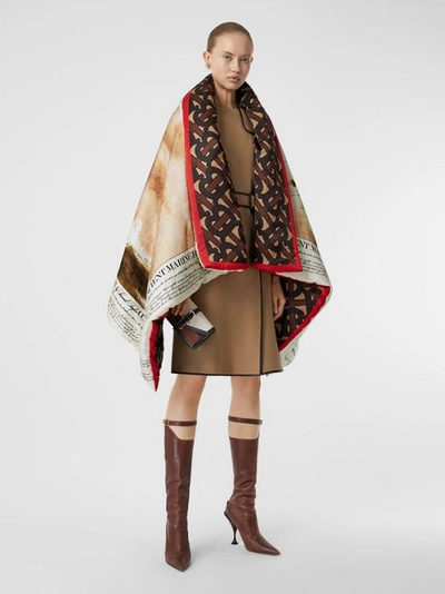 Shop Burberry Mariner Print Silk Satin Oversized Puffer Cape In Bridle Brown