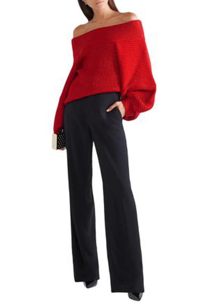 Shop Oscar De La Renta Off-the-shoulder Wool-blend Sweater In Red