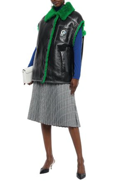Shop Prada Woman Oversized Shearling-trimmed Textured-leather Vest Black