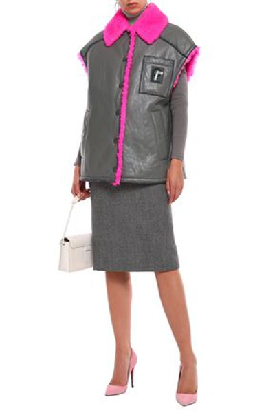 Shop Prada Woman Oversized Shearling-trimmed Textured-leather Vest Anthracite