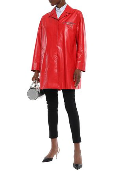 Shop Prada Woman Leather Coat Red
