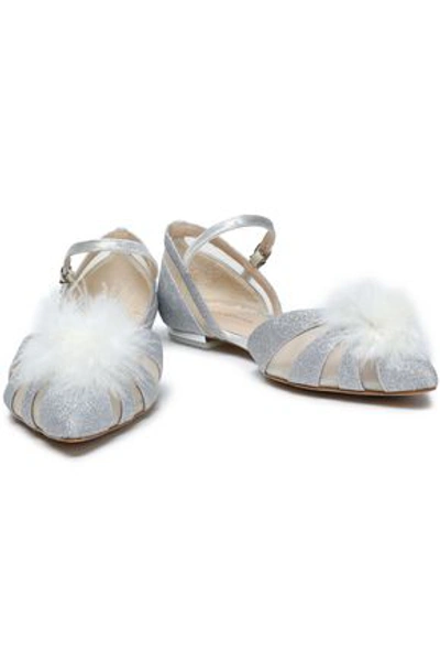 Shop Sophia Webster Paola Feather-embellished Glittered Metallic Leather Point-toe Flats In Silver
