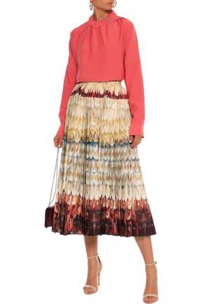 Shop Valentino Pleated Printed Wool And Silk-blend Midi Skirt In Pastel Yellow