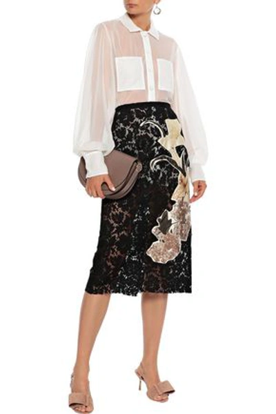 Shop Valentino Floral-appliquéd Silk Corded Lace Skirt In Black