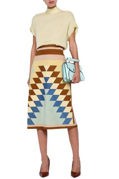 Shop Valentino Color-block Suede Midi Skirt In Mint