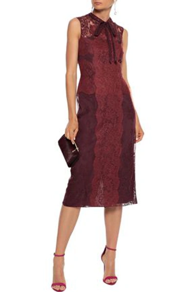 Shop Valentino Pussy-bow Paneled Lace Dress In Burgundy