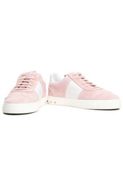 Shop Valentino Leather-paneled Studded Striped Suede Sneakers In Baby Pink