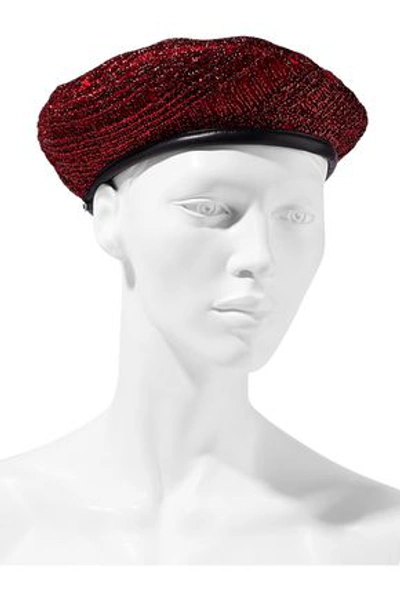 Shop Eugenia Kim Cher Leather-trimmed Metallic Ribbed-knit Beret In Crimson