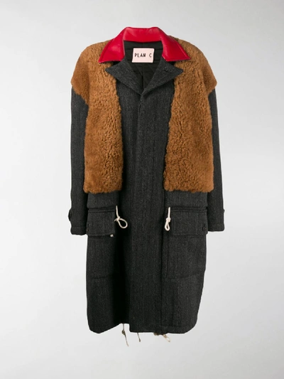 Shop Plan C Shearling Panel Coat In Grey