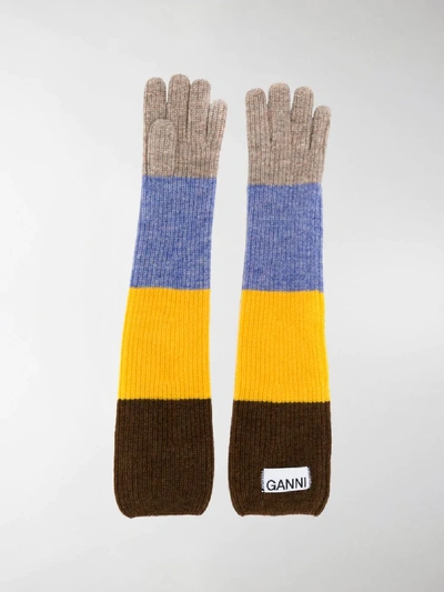 Shop Ganni Colour Block Gloves In Brown