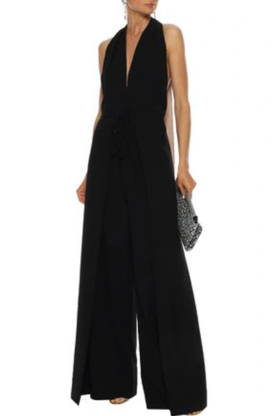 Shop Valentino Woman Draped Wool-crepe Halterneck Jumpsuit Black