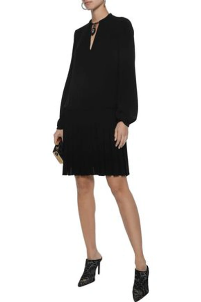 Shop Valentino Woman Cutout Pleated Embellished Silk Mini Dress Black