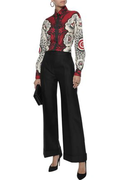 Shop Valentino Woman Satin-trimmed Wool And Silk-blend Wide-leg Pants Black