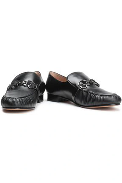 Shop Valentino Calf Hair-trimmed Appliquéd Leather Loafers In Black