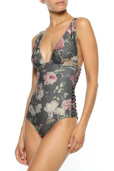 Shop Zimmermann Iris Lace-up Floral-print Swimsuit In Charcoal
