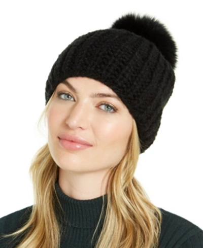 Shop Surell Hand Knit Beanie With Fox Fur Pom In Black/black Pom
