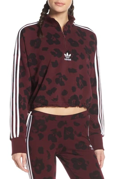 Shop Adidas Originals Quarter Zip Crop Pullover In Maroon/ Black