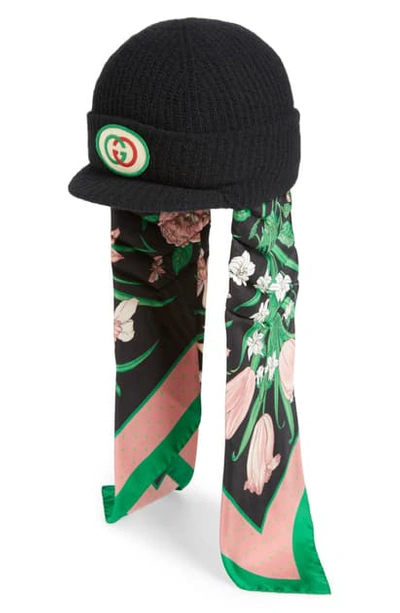 Shop Gucci Wool Cap With Silk Scarf Earflaps In Black