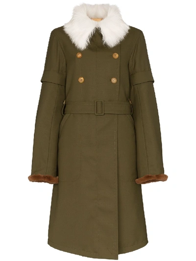 Shop Chloé Faux Fur Collar Trench Coat In Green