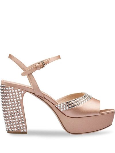 Shop Miu Miu Crystal Embellished Sandals In Neutrals