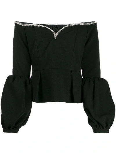 Shop Self-portrait Rhinestone-embellished Puff-sleeves Top In Black