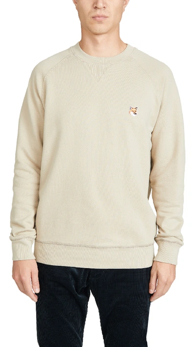 Shop Maison Kitsuné Long Sleeve Sweatshirt With Fox Head Patch In Beige