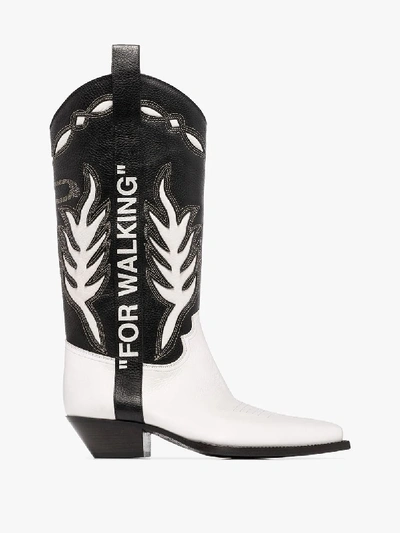 Shop Off-white White And Black 'for Walking' Leather Cowboy Boots