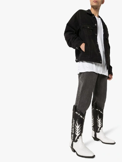 Shop Off-white White And Black 'for Walking' Leather Cowboy Boots