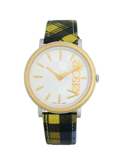 Shop Versace Stainless Steel & Plaid Leather-strap Watch In Two Tone