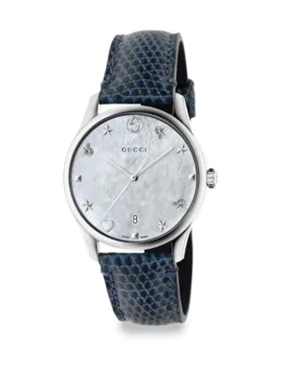 Shop Gucci G-timeless Stainless Steel Leather Lizard Strap Watch In Blue