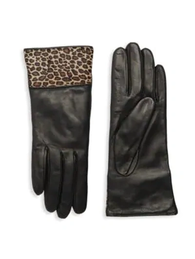 Shop Portolano Women's Calf Hair-trim Leather Gloves In Black