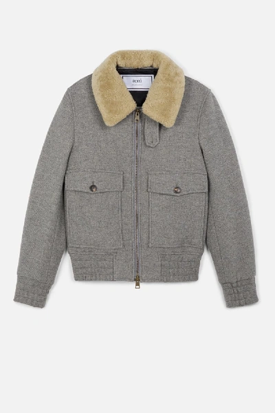 Shop Ami Alexandre Mattiussi Shearling-trimmed Aviator Jacket In Grey