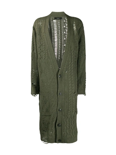 Shop Amiri Distressed Cable-knit Cardigan In Green