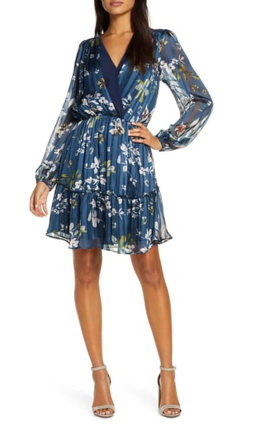 Shop Adelyn Rae Adelyn Raie Elaine Floral Print Long Sleeve Chiffon Dress In Navy Multi