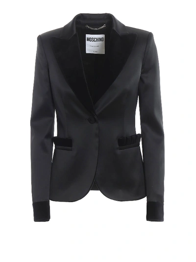 Shop Moschino Velvet Detailed Satin Blazer In Black