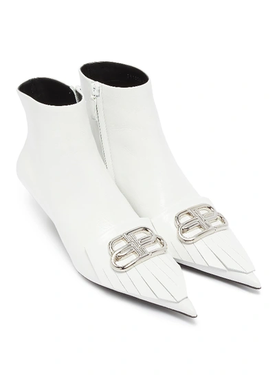 Shop Balenciaga 'fringe Knife' Leather Ankle Boots In White