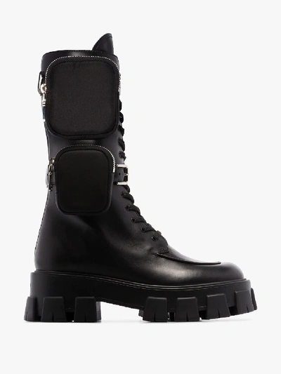 Prada Monolith Nylon Pocket-detailed Leather Combat Boots In Black