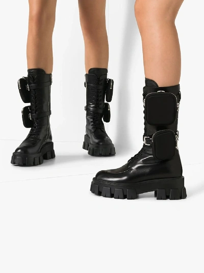 Prada Monolith Nylon Pocket-detailed Leather Combat Boots In Black