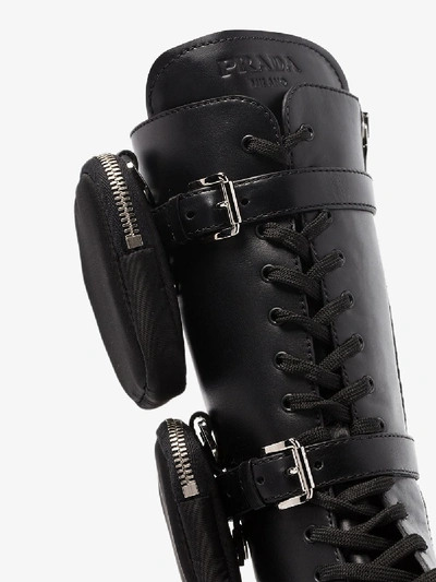 Prada Monolith Nylon Pocket-detailed Leather Combat Boots In Black