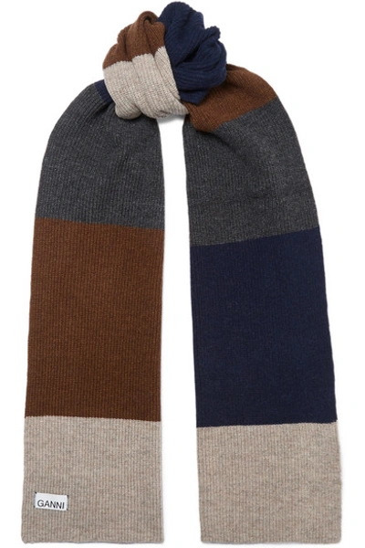 Shop Ganni Color-block Wool-blend Scarf In Brown