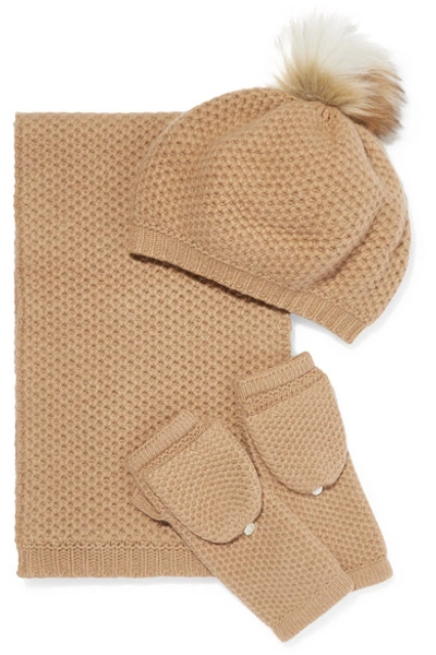 Shop Portolano Faux Fur-trimmed Waffle-knit Cashmere Hat, Scarf And Gloves Set In Camel