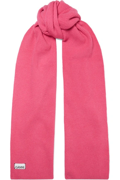 Shop Ganni Ribbed Wool-blend Scarf In Pink