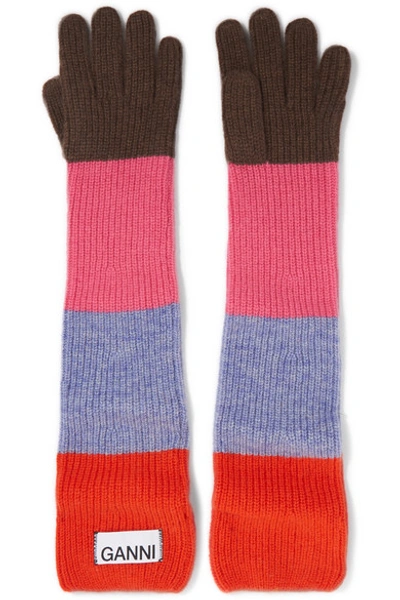 Shop Ganni Ribbed Striped Wool-blend Gloves In Red