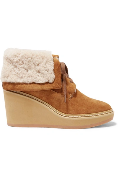 Shop See By Chloé Shearling-trimmed Suede Wedge Ankle Boots In Camel