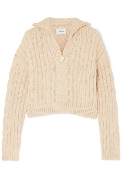 Shop Nanushka Eria Cropped Faux Pearl-embellished Cable-knit Sweater In Beige