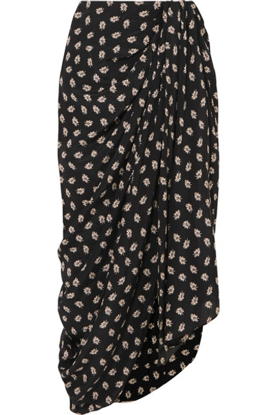 Shop Isabel Marant Candice Draped Floral-print Silk-crepe Midi Skirt In Black